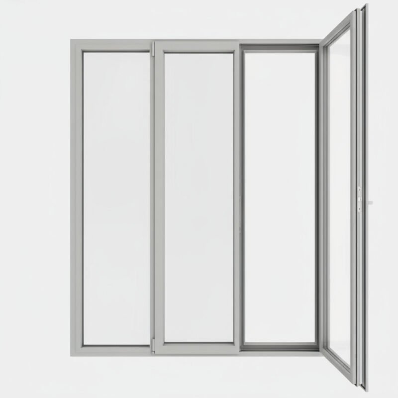 Porte-fenêtre alu 2 vantaux + 1 fixe – ouverture à la française ouverte