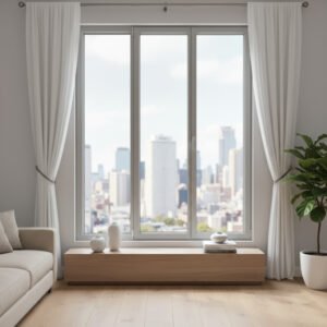 Porte-fenêtre alu 2 vantaux + 1 fixe – ouverture oscillo-battante dans un décore