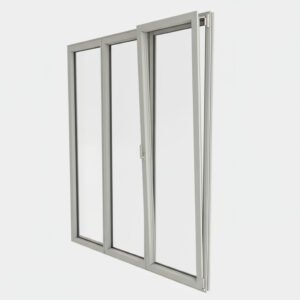 Porte-fenêtre alu 2 vantaux + 1 fixe – ouverture oscillo-battante ouverte