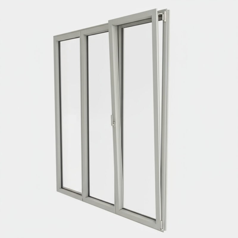 Porte-fenêtre alu 2 vantaux + 1 fixe – ouverture oscillo-battante ouverte