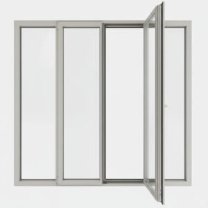 Porte-fenêtre alu 2 vantaux + 2 fixes – ouverture à la française ouverte