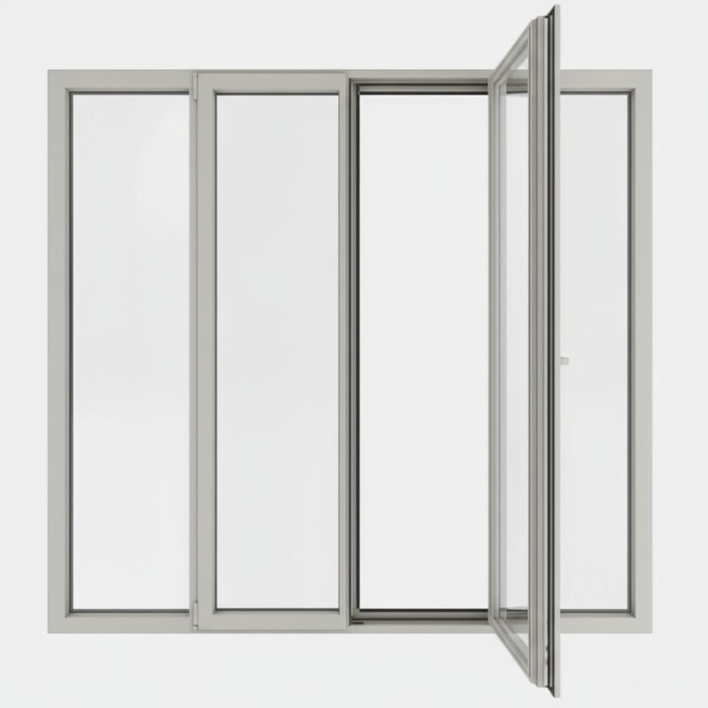 Porte-fenêtre alu 2 vantaux + 2 fixes – ouverture à la française ouverte