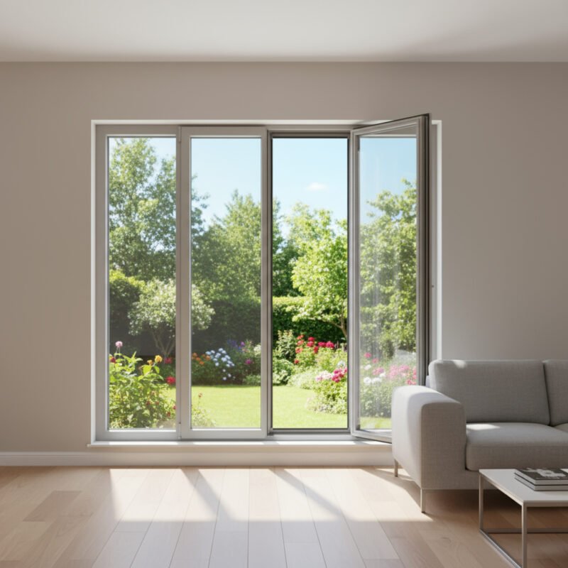 Porte-fenêtre alu 2 vantaux + 2 fixes – ouverture à la française ouverte dans un décore