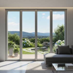 Porte-fenêtre alu 2 vantaux + 2 fixes – ouverture oscillo-battante dans un décore