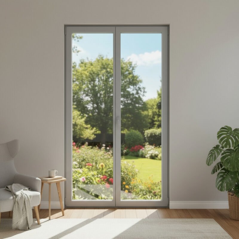 Porte-fenêtre alu 2 vantaux – ouverture à la française ouverte dans un décore