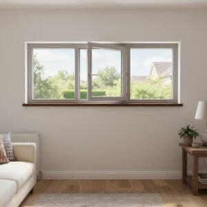 Fenêtre Aluminium 1 vantail + 2 fixes – ouverture à la française dans un décore