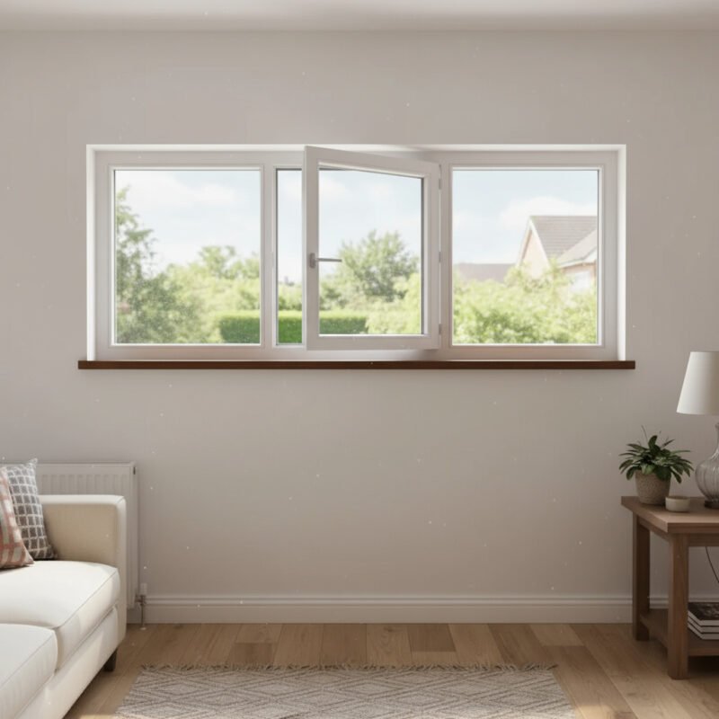 Fenêtre PVC 1 vantail + 2 fixes – ouverture à la française dans un décore