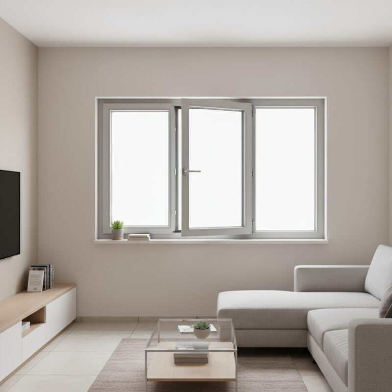 Fenêtre Aluminium 2 vantaux + 1 fixe – ouverture à la française dans un décore