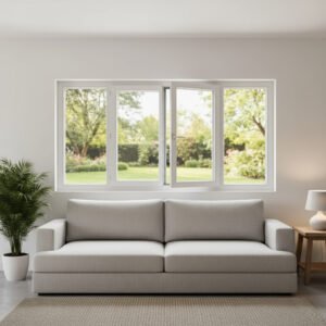 Fenêtre PVC 2 vantaux + 2 fixes – ouverture à la française avec décore