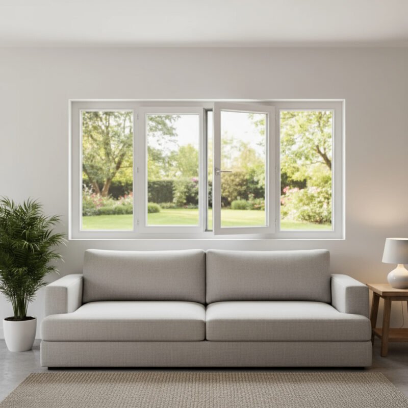 Fenêtre PVC 2 vantaux + 2 fixes – ouverture à la française avec décore