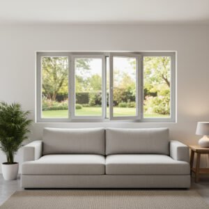 Fenêtre Aluminium 2 vantail + 2 fixes – ouverture à la française dans un décore