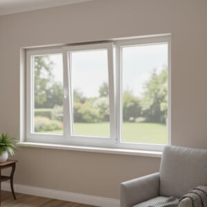 Fenêtre PVC 2 vantaux + 1 fixe – ouverture oscillo-battante dans un décore Fenêtre PVC 2 vantaux + 1 fixe – ouverture oscillo-battante dans un décore