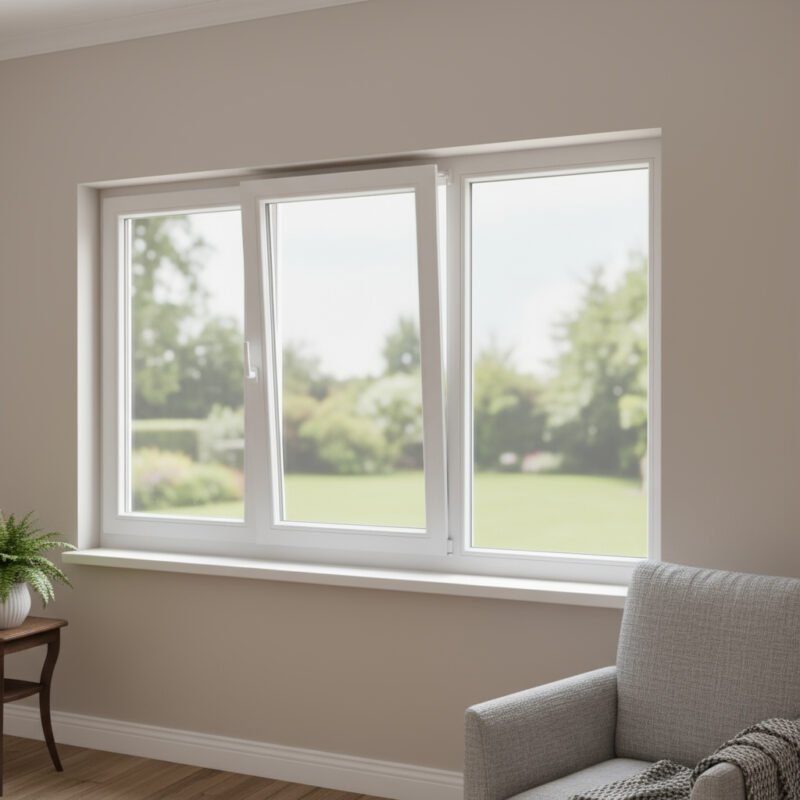 Fenêtre PVC 2 vantaux + 1 fixe – ouverture oscillo-battante dans un décore Fenêtre PVC 2 vantaux + 1 fixe – ouverture oscillo-battante dans un décore