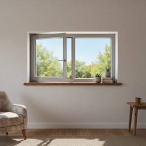 Fenêtre Aluminium 1 vantail + 1 fixe – ouverture à la française dans un décore