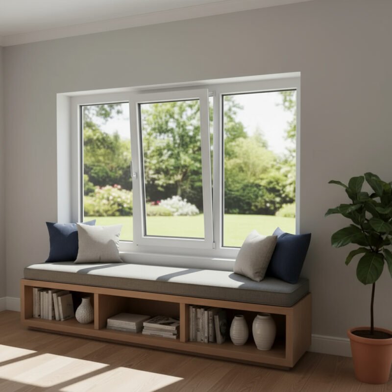 Fenêtre PVC 1 vantail + 2 fixes – ouverture oscillo-battante dans un décore