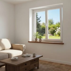 Fenêtre PVC 2 vantaux – ouverture oscillo-battante dans un décore Fenêtre PVC 2 vantaux – ouverture oscillo-battante dans un décore