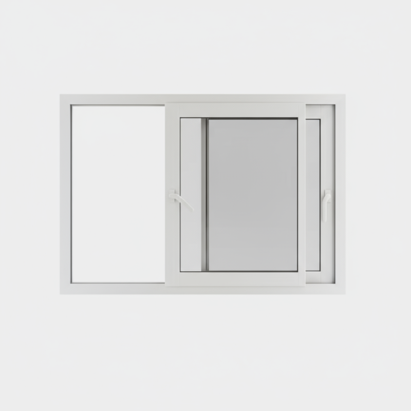 Fenêtre coulissante alu gamme REHAU Slinova X – 2 vantaux, 2 rails ouverte Fenêtre coulissante alu gamme REHAU Slinova X – 2 vantaux, 2 rails ouverte