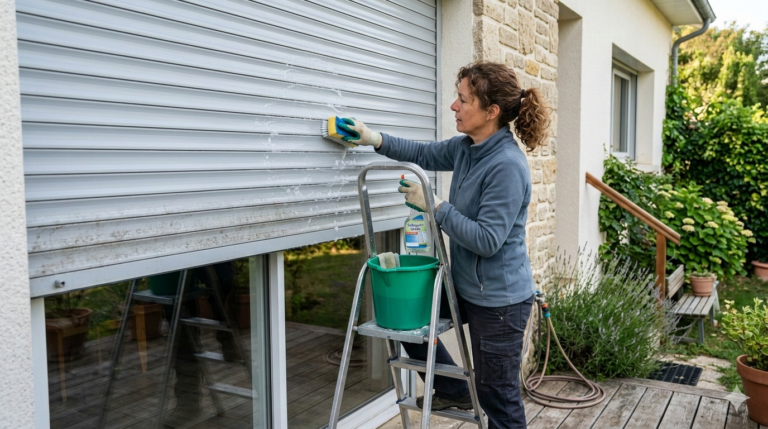 Une femme effectuant l'entretien de son volet roulant en aluminium à l'aide d'une brosse de nettoyage et d'un spray nettoyant.