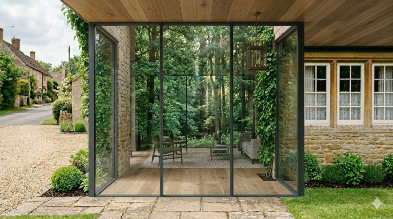 Grande maison avec baie vitrée donnant sur une forêt.