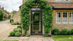 Entrée verdoyante donnant sur une jolie porte vitrée noire.
