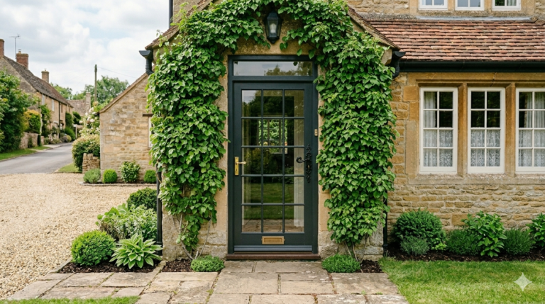 Entrée verdoyante donnant sur une jolie porte vitrée noire.