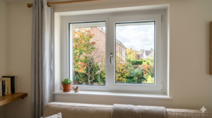 Fenêtre moderne en PVC donnant sur jardin.