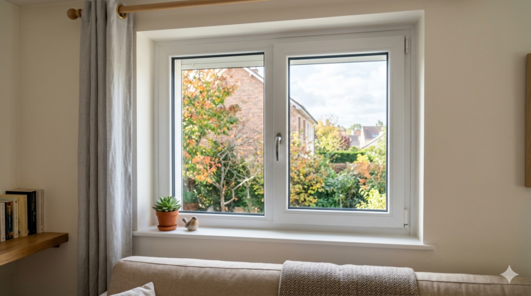 Fenêtre moderne en PVC donnant sur jardin.