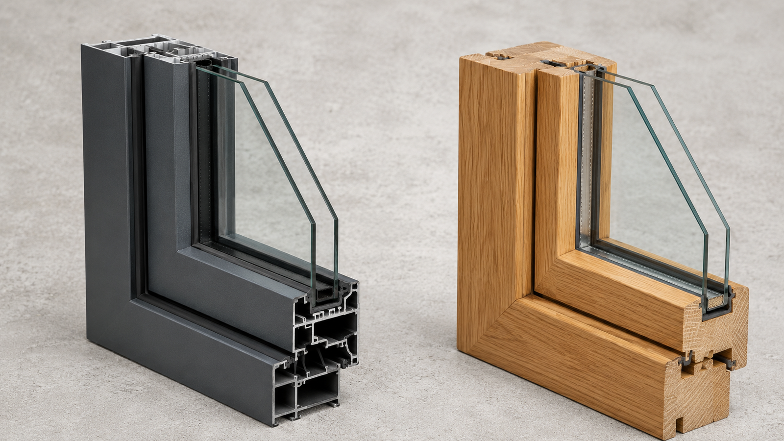 Comparaison côte à côte fenêtre aluminium gris anthracite et fenêtre bois chêne moderne