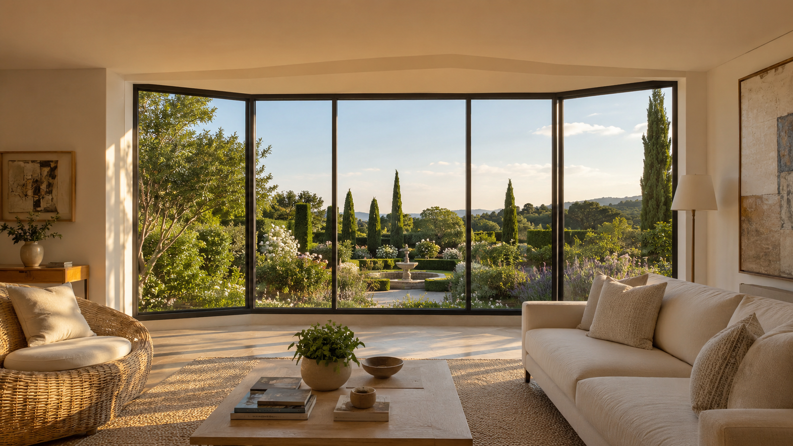 Grande baie vitrée aluminium dans une maison contemporaine ouverte sur jardin