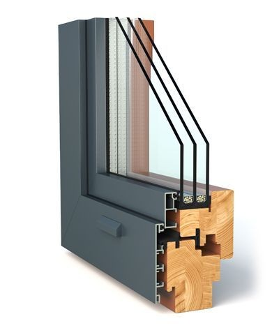 Coupe technique d'une fenêtre mixte bois-alu montrant l'assemblage bois intérieur et aluminium extérieur