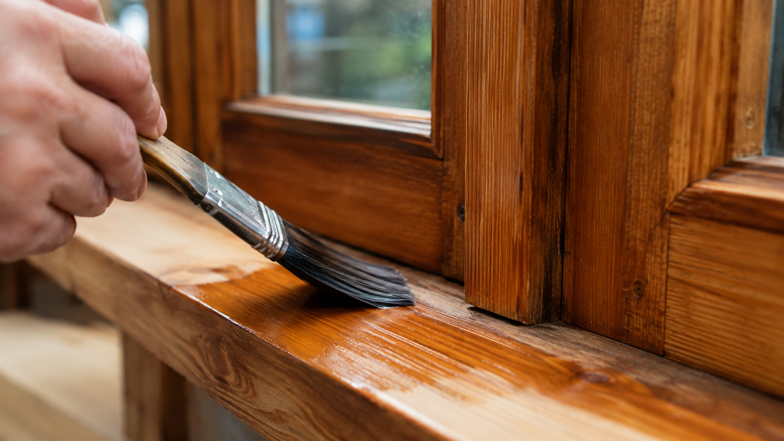 Application de lasure sur fenêtre bois pour entretien et finition