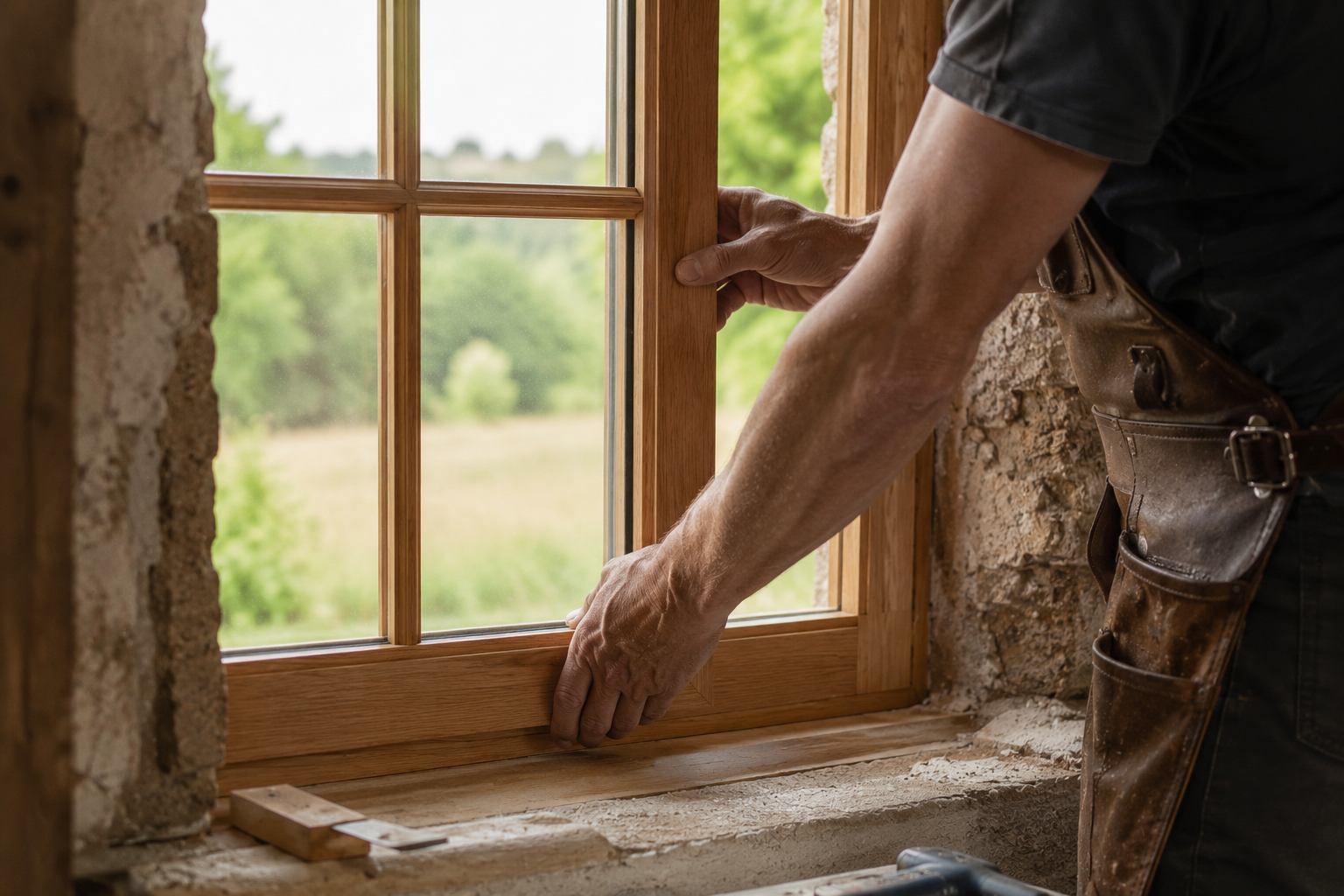 Artisan RGE installant une fenêtre en bois sur dormant existant en rénovation