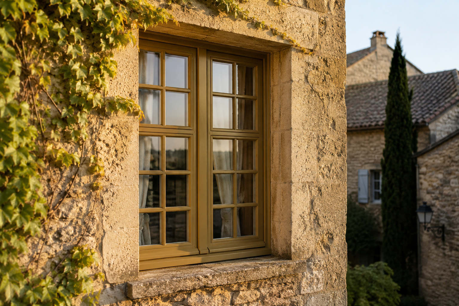 Fenêtre bois en rénovation patrimoniale sur maison ancienne en pierre