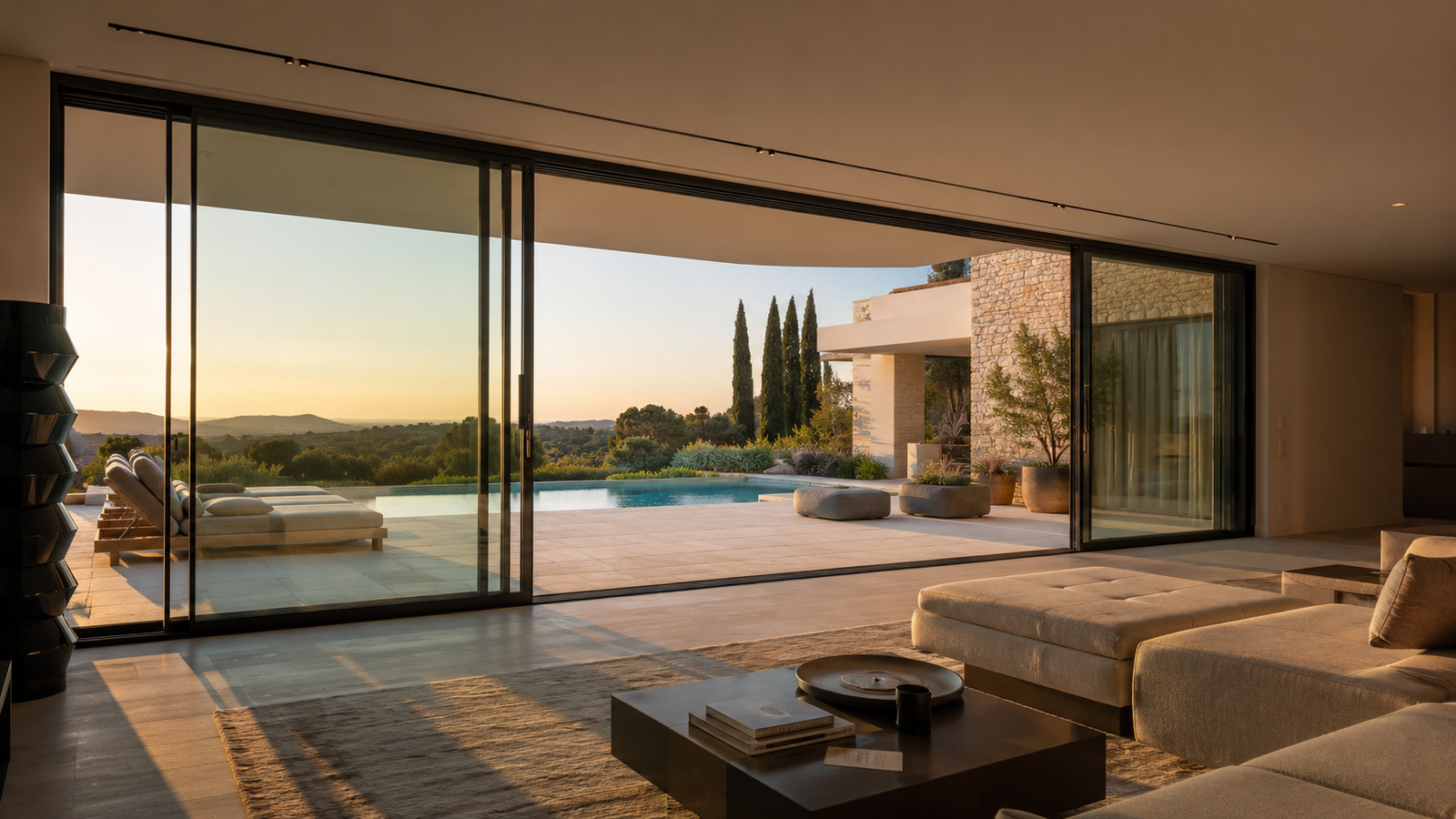 Grande baie vitrée mixte bois-alu sur maison contemporaine avec vue jardin