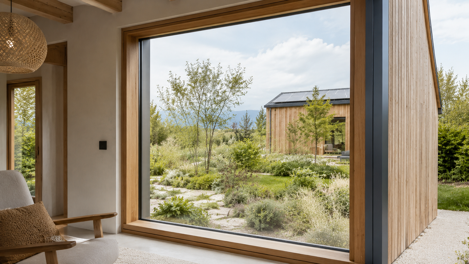 Fenêtre mixte bois-alu avec intérieur bois chêne et extérieur aluminium gris anthracite