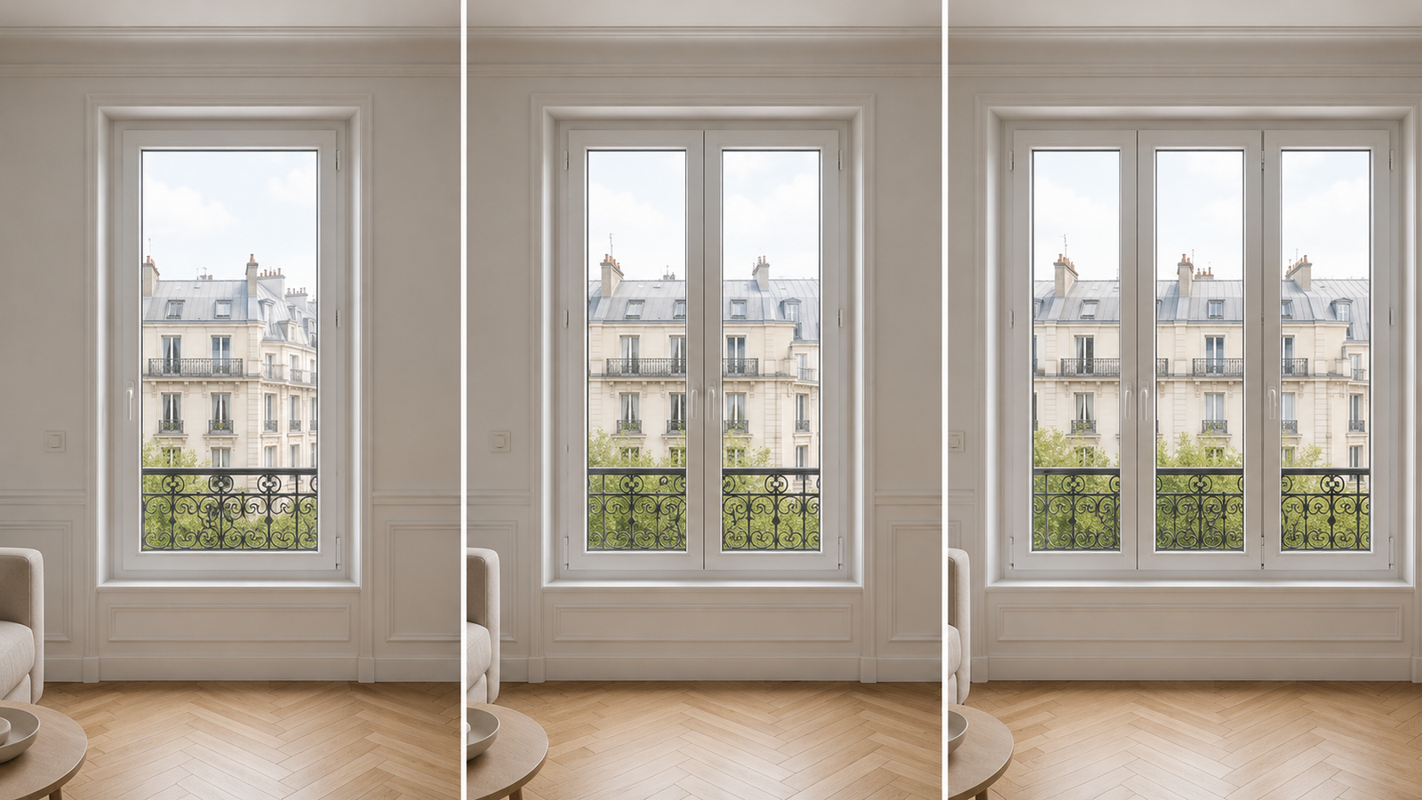 Comparaison de fenêtres PVC à 1, 2 et 3 vantaux installées dans différents intérieurs