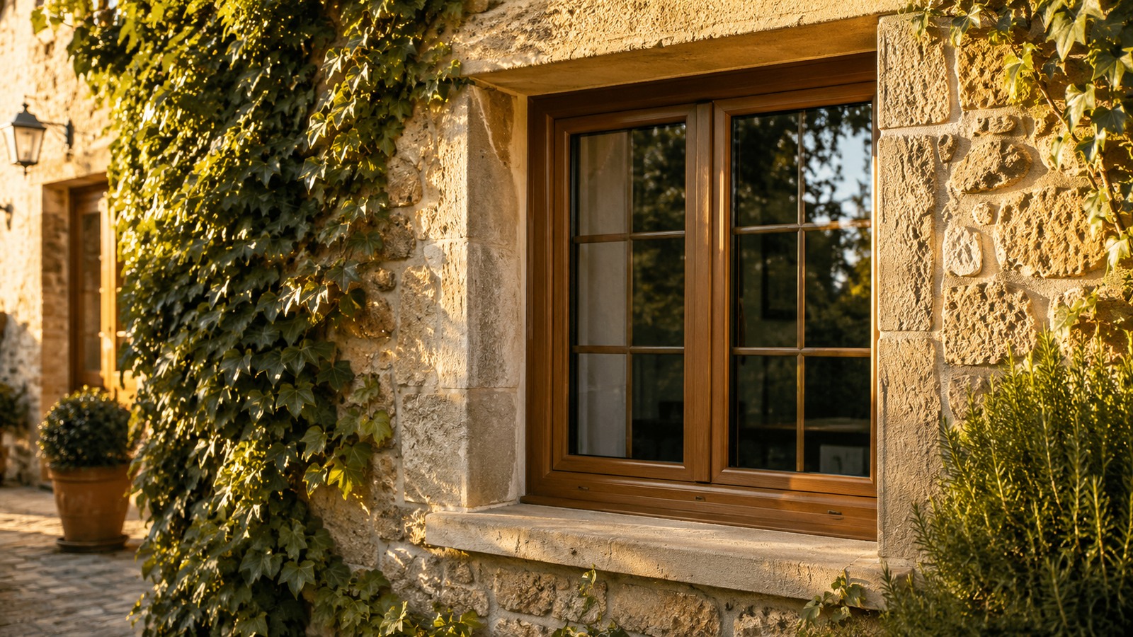 Fenêtre PVC avec finition plaxée effet bois sur une façade en pierre