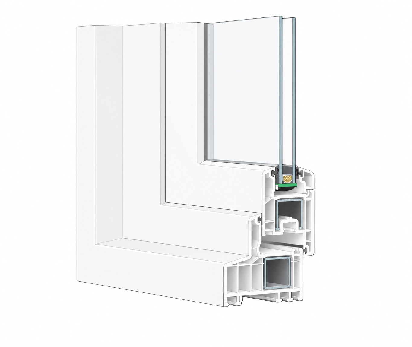 Coupe de profil d'une fenêtre PVC multi-chambres avec renfort métallique interne