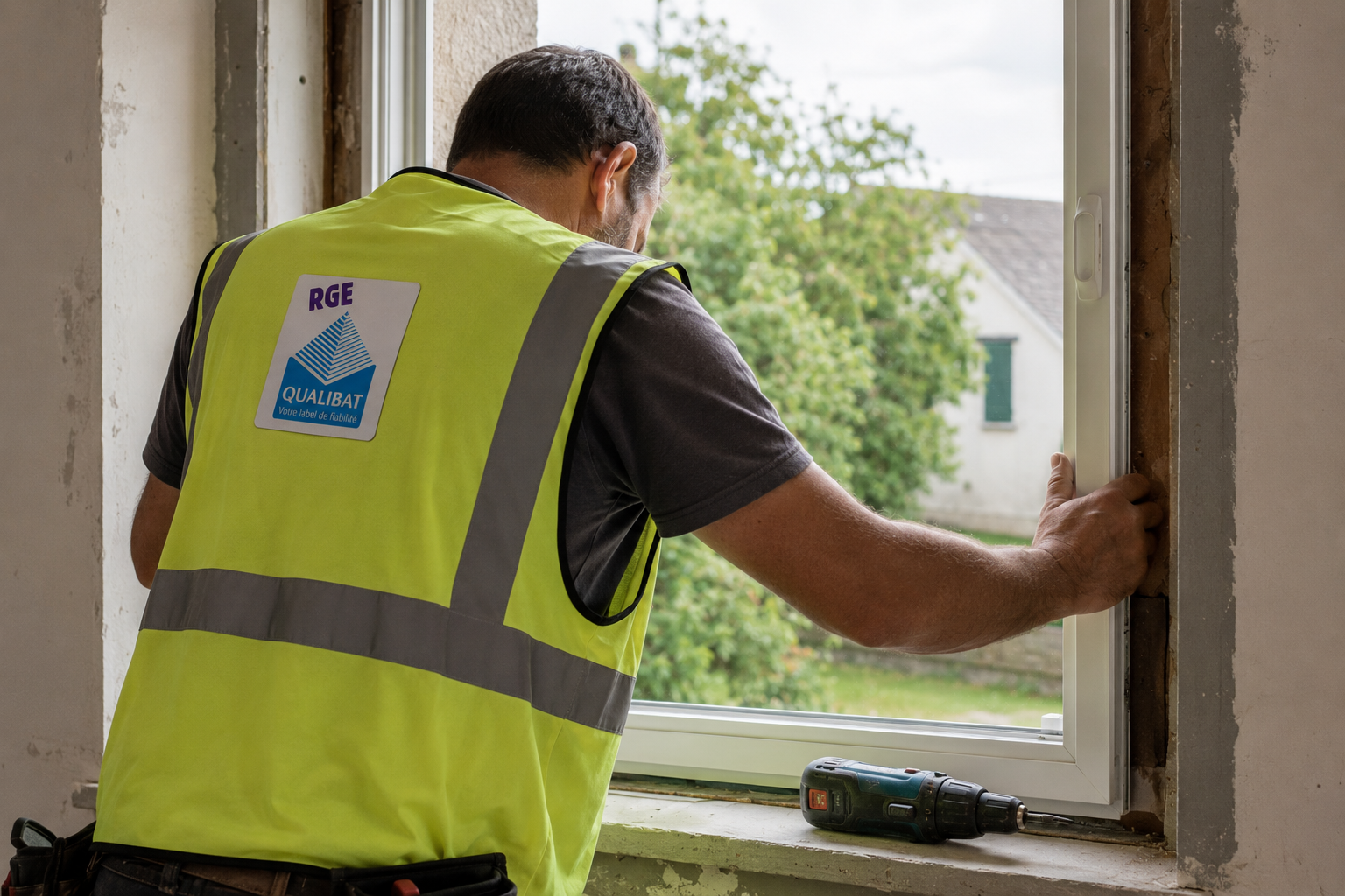 Artisan RGE Qualibat installant une fenêtre certifiée MaPrimeRénov'