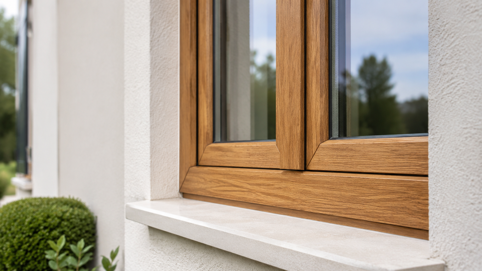 Fenêtre PVC en plaxage effet bois chêne doré sur maison de campagne
