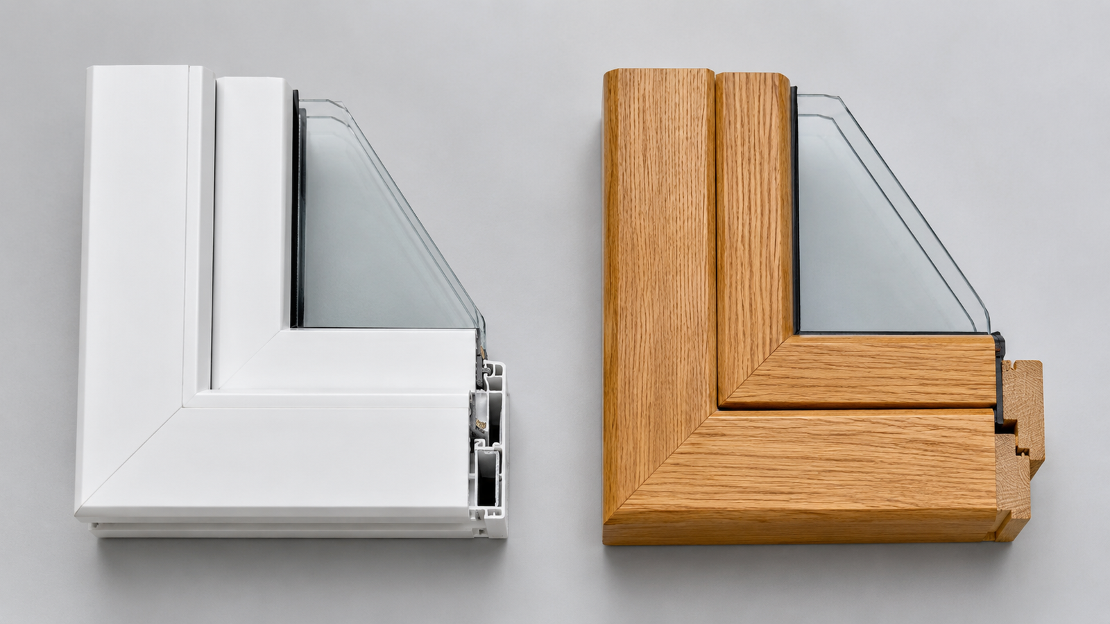 Comparaison côte à côte fenêtre PVC blanche et fenêtre bois chêne moderne