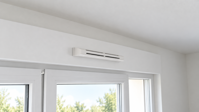 Grille d’entrée d’air blanche au-dessus d’une fenêtre, côté intérieur