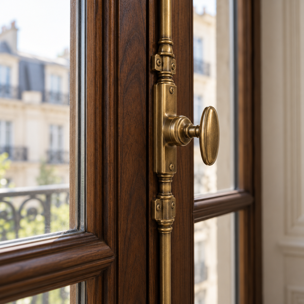 Crémone en laiton sur une fenêtre bois teintée