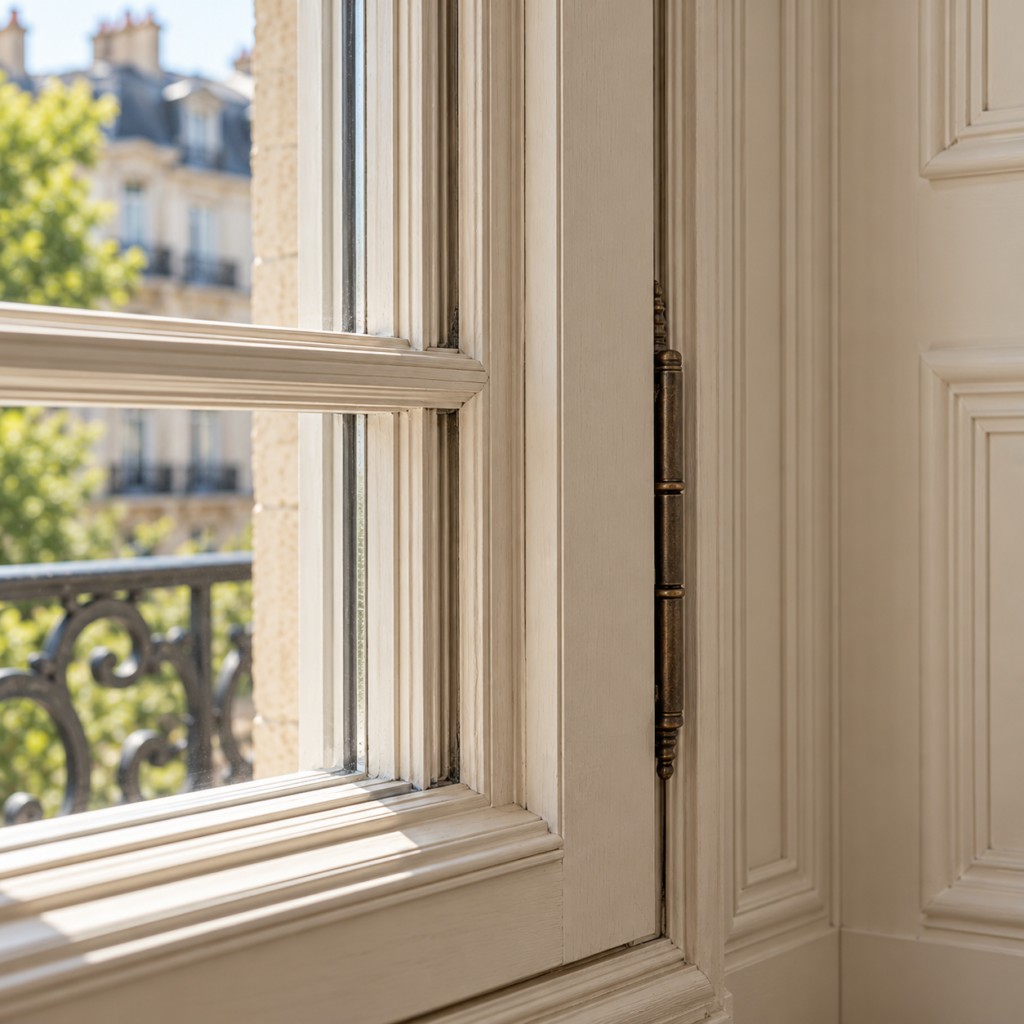 Fenêtre bois peinte en blanc vue de l'intérieur