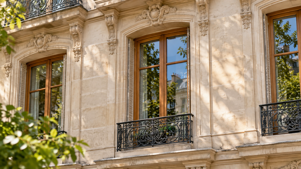 Façade d'immeuble ancien avec fenêtres bois