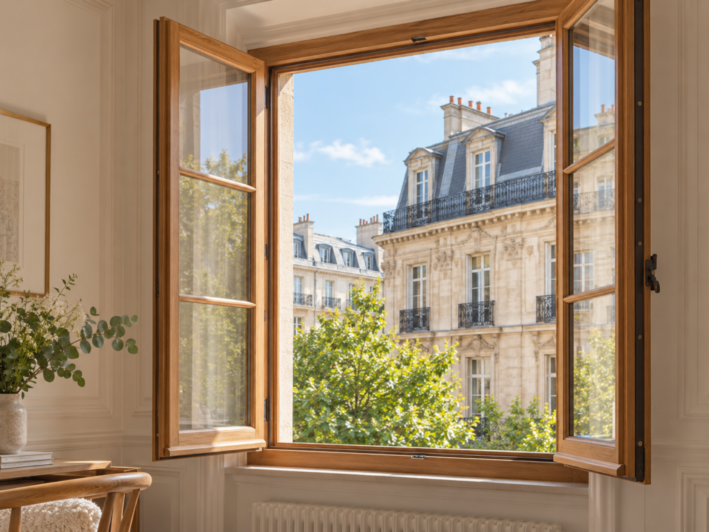 Fenêtre bois ouverte vue de l'intérieur sur un immeuble parisien