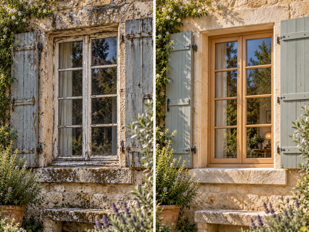 Fenêtre bois en rénovation sur une façade en pierre, avant et après