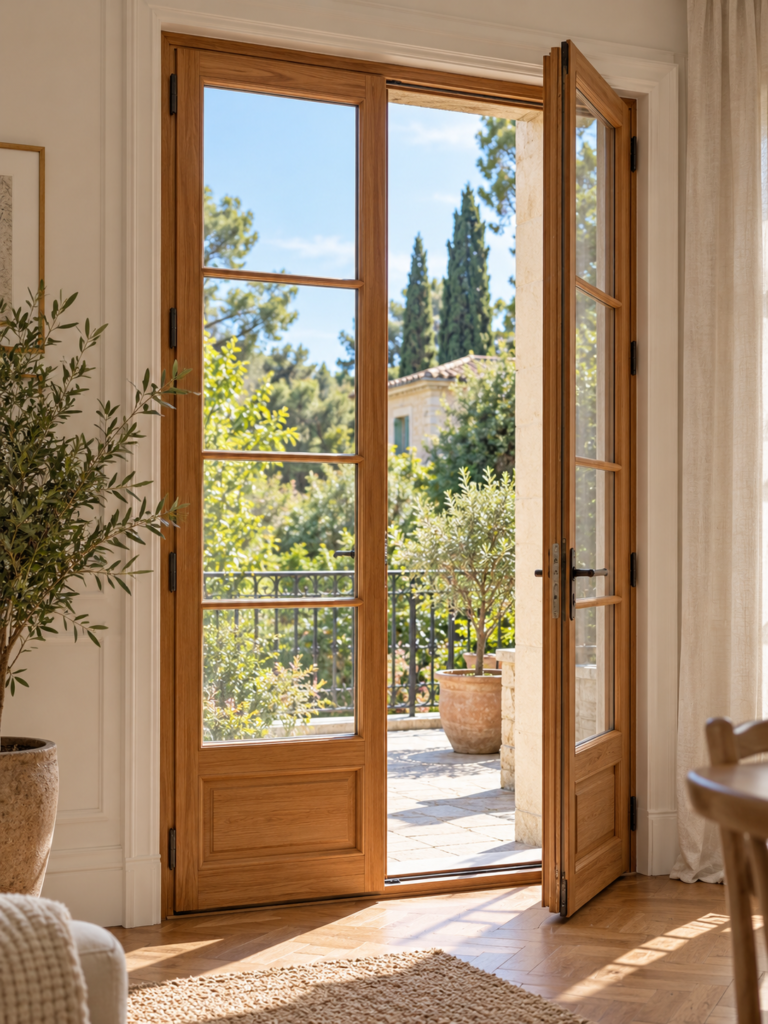 Porte-fenêtre bois deux vantaux ouverte sur un jardin